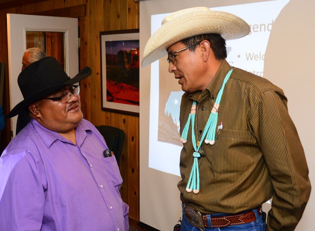 Malcolm Lehi, Ute Mountain Ute, and Kenneth Maryboy, Navajo, discuss the Bears Ears Friday, April 10, 2015 in Bluff, Utah.